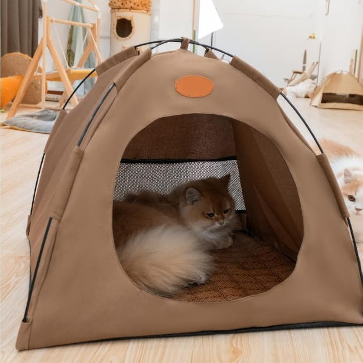 BreezyDen Pop-Up Pet Tent – Portable Indoor/Outdoor Cat Tent, Waterproof Pet Hideaway for Cats & Small Dogs with Mesh Window, Anti-Slip Base & Washable Design (White, L (15 catties Kitten))