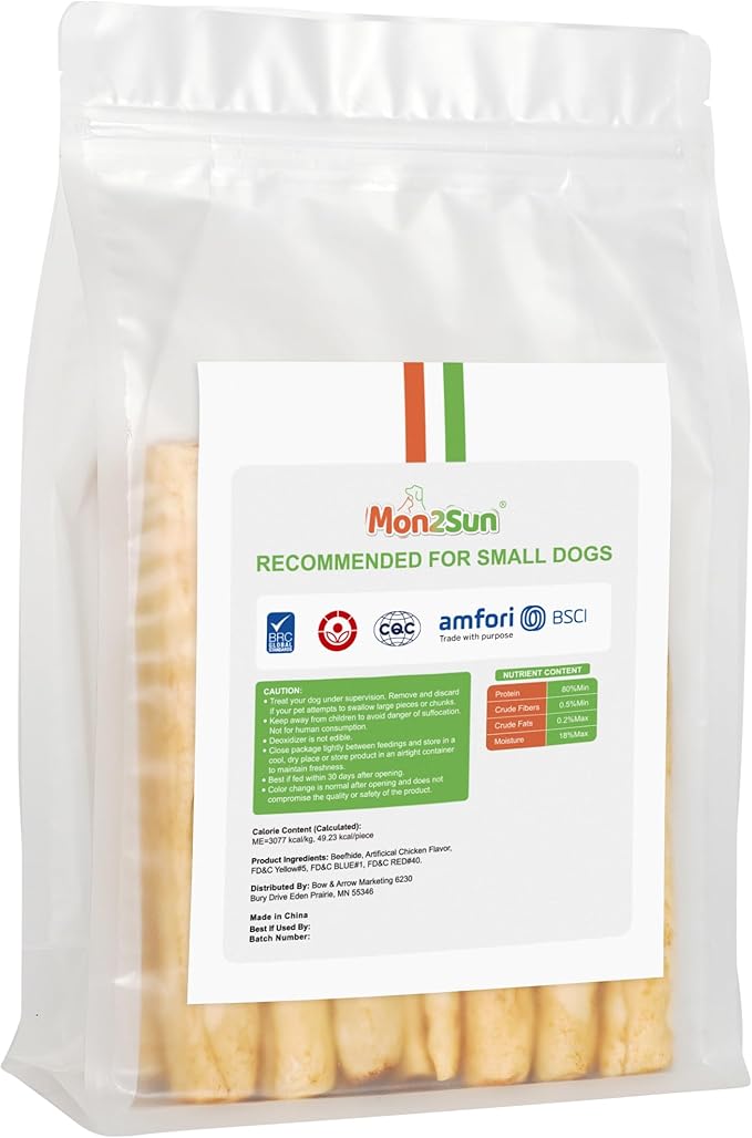 MON2SUN Dog Rawhide Rolls Twist Sticks 6.5 Inch Chew Treats Chicken Flavor 18 Count for Puppy and Small Dogs