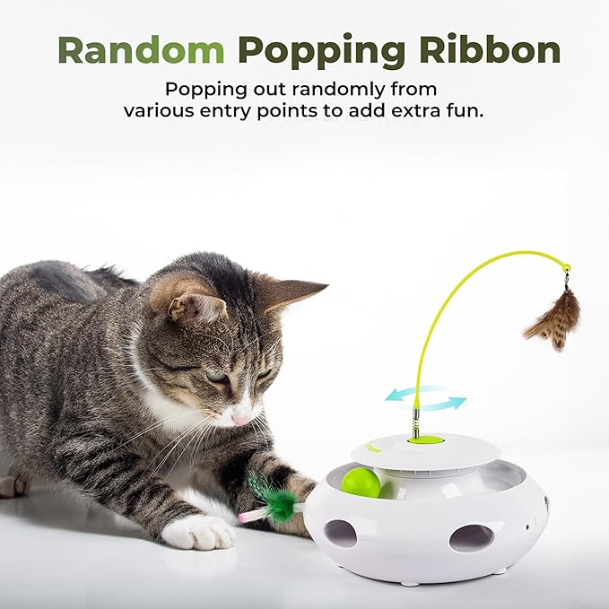 ALL FOR PAWS 3 in 1 Interactive Flutter Bug Cat Toy with Rolling Balls, Whack-a-Mole Feather Toy Automatic Kitten Spinner Toys, Mental Stimulation for Indoor Cats,Includes 6 Teaser Refills
