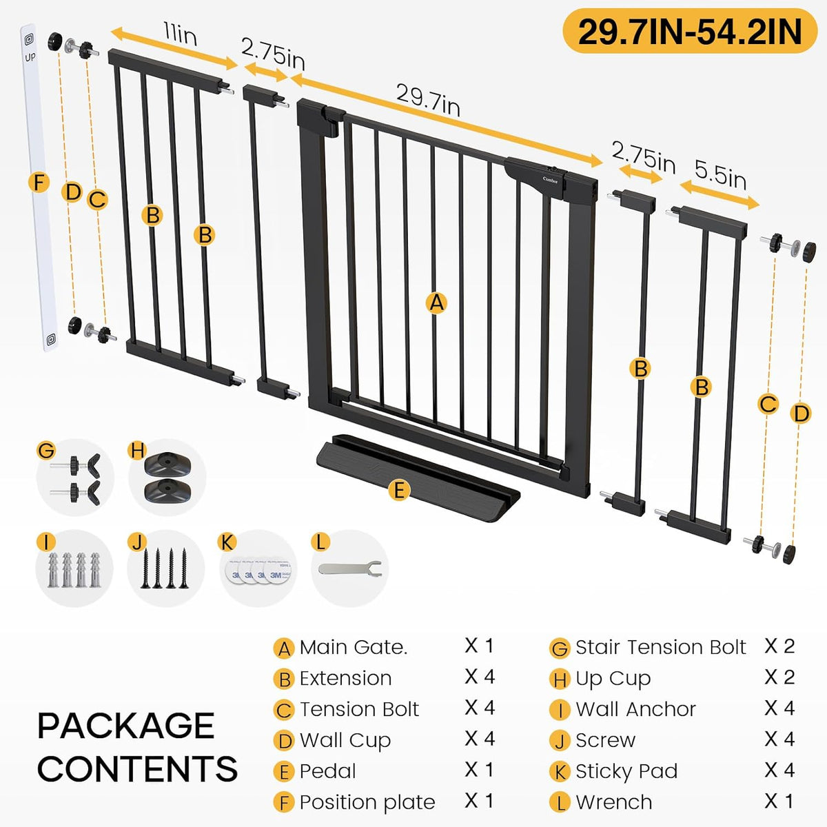 Cumbor 29.7-54.2" Wide Baby Gate for Stairs, Mom's Choice Awards Winner-Self Closing Dog Gate Indoor for Doorways, No Drilling Pressure Mounted Pet Gates for Kids, Easy Walk Through Safety Gate, Black