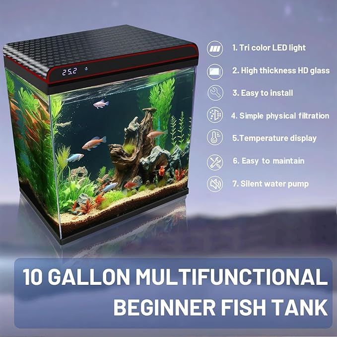 10 Gallon Glass Fish Tank Aquarium Starter Kit - Self-Cleaning with 3-Color LED Lights, Ultra-Quiet Pump & Filter, Smart Temperature Monitoring for Betta, Shrimp, and Tropical Fish