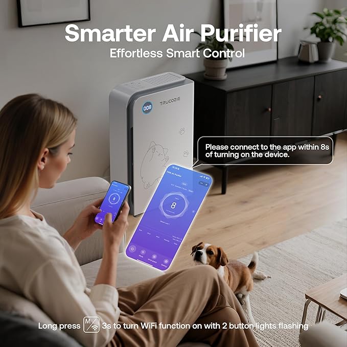 Trucozie Large Pet Air Purifier for Home up to 3000 Ft², Absorbs Floating Cat and Dog Hair, Smart WiFi, 3-in-1 Filter with Anion, Activated Carbon & HEPA for Pet Allergy, Smoke, Dust, Zero Ozone