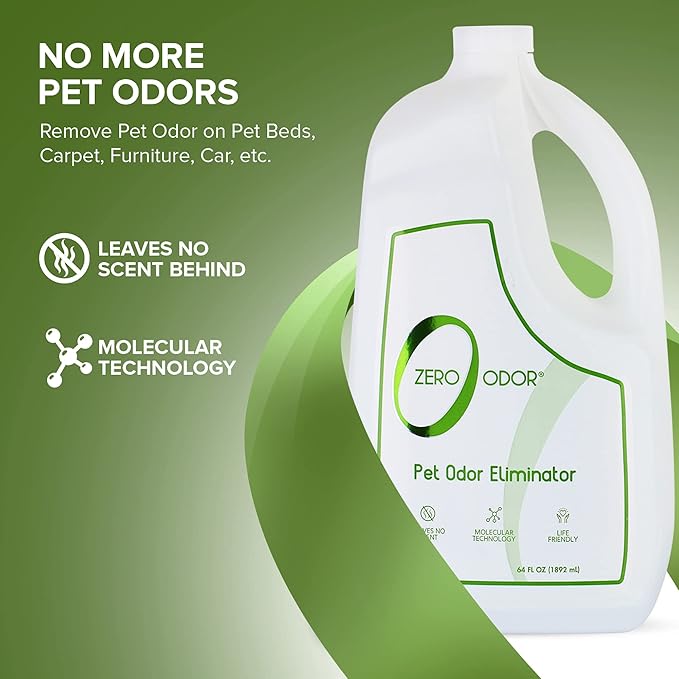 Zero Odor - Pet Odor Eliminator for strong odor, Eliminate Air & Surface Odors – Patented Molecular Technology Best For Carpet, Furniture, Beds Smell Great Again, 64oz Refill