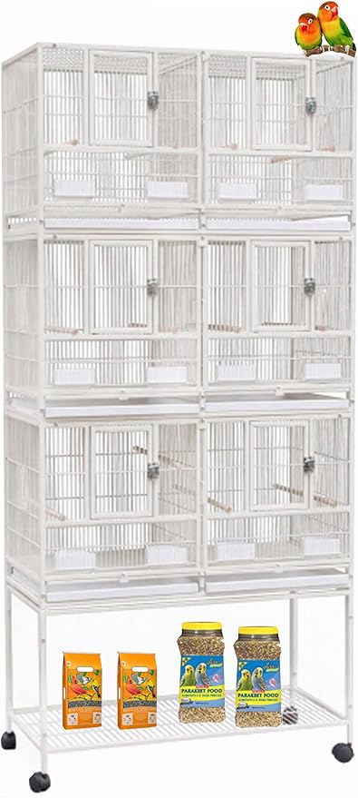 Combo Breeding Stacker Center Divided Breeder Bird Flight Double Rolling Cage with Side Breeding Nest Door (White, Triple Stack)
