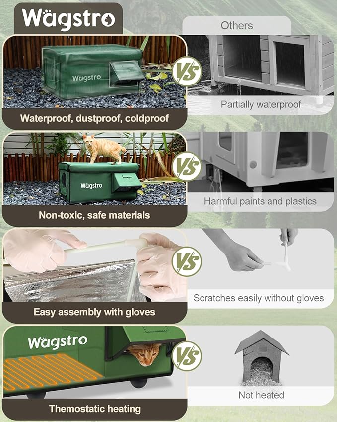 Heated Cat House for Outside, Waterproof Awning & Escape Door Heated Cat Houses for Indoor/Outdoor Cats in Winter, Elevated & Insulated Outdoor Cat Shelter for Feral Cat(Green, 16.5"x12.6"x13")