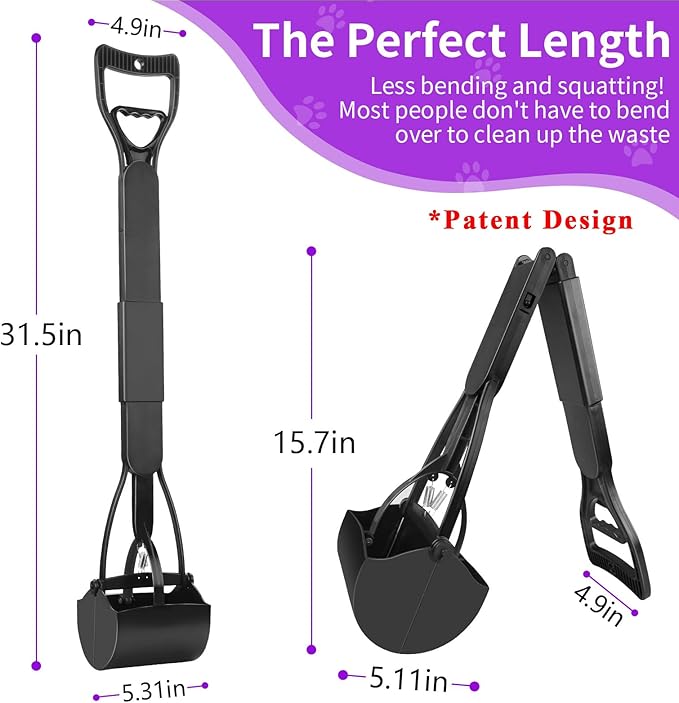 UPSKY 32'' Pooper Scooper for Large Small Dogs, Long Handle Dog Poop Scooper with Waste Bags, Portable Dog Poop Pick Up Tool, Folding Poop Scoop for Yard, Grass, Dirt, Gravel Black