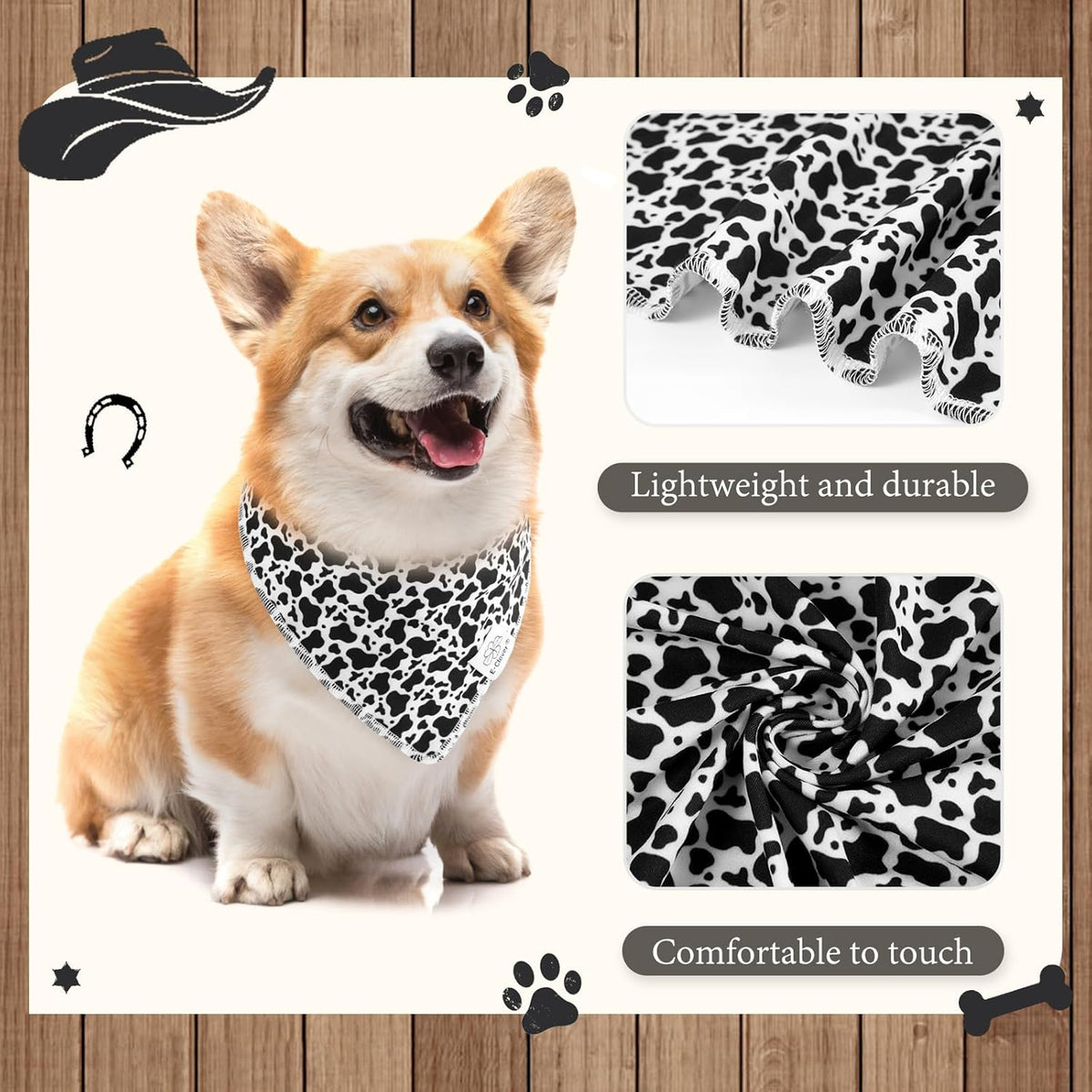 E-Clover Cow Print Dog Bandanas & Matching Scrunchie Set Fall Cowboys Theme Dog Scarf Bibs Pet Bandana with Bow Tie for Small Dogs Puppy Owner Mom Black White