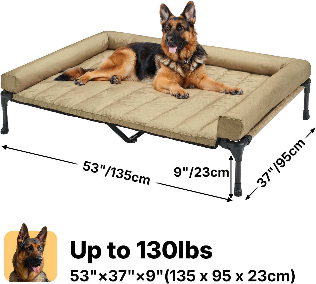 Veehoo Cooling Elevated Dog Bed Add Removable Waterproof Bolster Cushion Mat, Raised Pet Cot with Breathable Teslin Mesh, No-Slip Feet, Dog Couch Bed for Indoor Outdoor, 53 inches, Beige Coffee