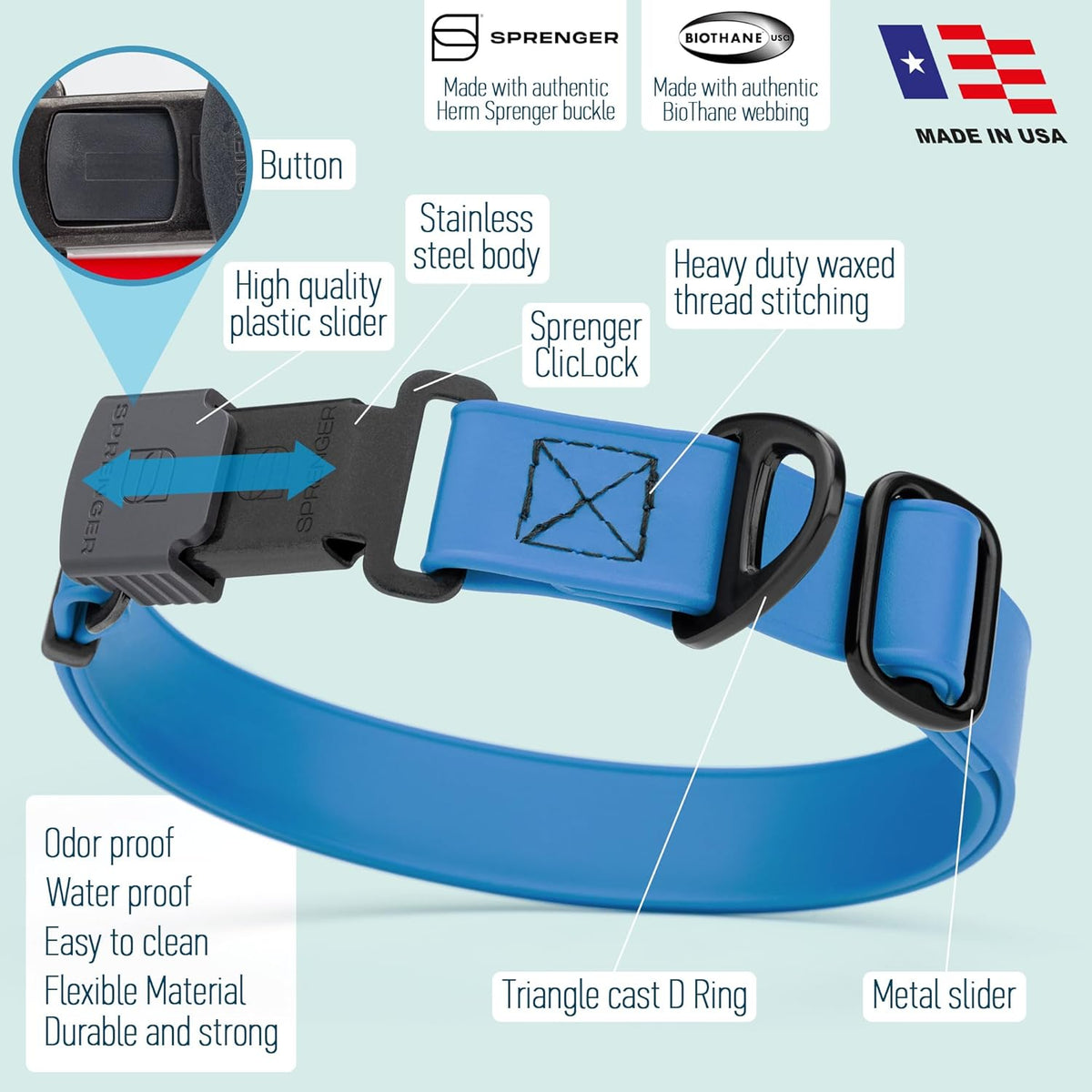 Dogline Biothane Waterproof Dog Collar with Herm Sprenger Stainless Steel Quick Release Buckle – Heavy Duty Tactical Durable Collar for Dogs – Comfortable and Safe Pet Collar, W 3/4" L 12-19", Blue