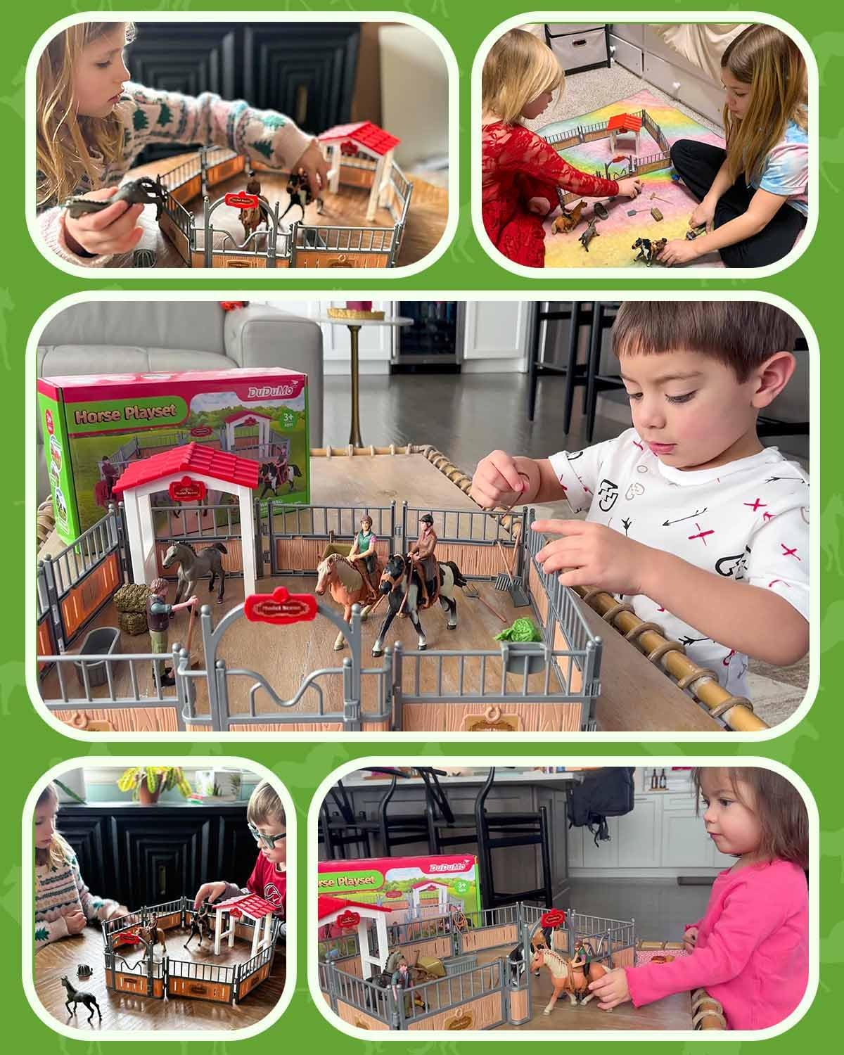Horse Stable Playset, Horse Gifts for Girls and Boys with 3 Horses and 2 Riders, Horse Toys Set Farm Animals Toys for Kids 3 4 5 6 7 8+ (New Model), Green