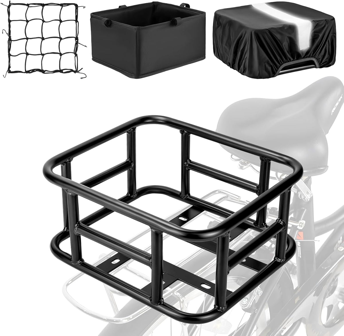 Bike Basket Rear with Liner,Waterproof Cover,Cargo Net Large Rear Bike Basket,Heavy Duty Bicycle Rear Basket for Electric Bike, Ebike,Great for Bike Trip,Carrying Grocery,Ball,Dog