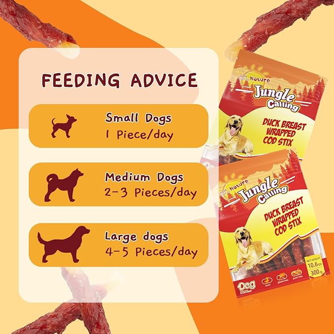 Jungle Calling Duck Wrapped Cod Sticks Dog Treats, Rawhide Free Training Rewards Snacks for Dogs, Natural Chewy Sticks Treats, 10.6oz