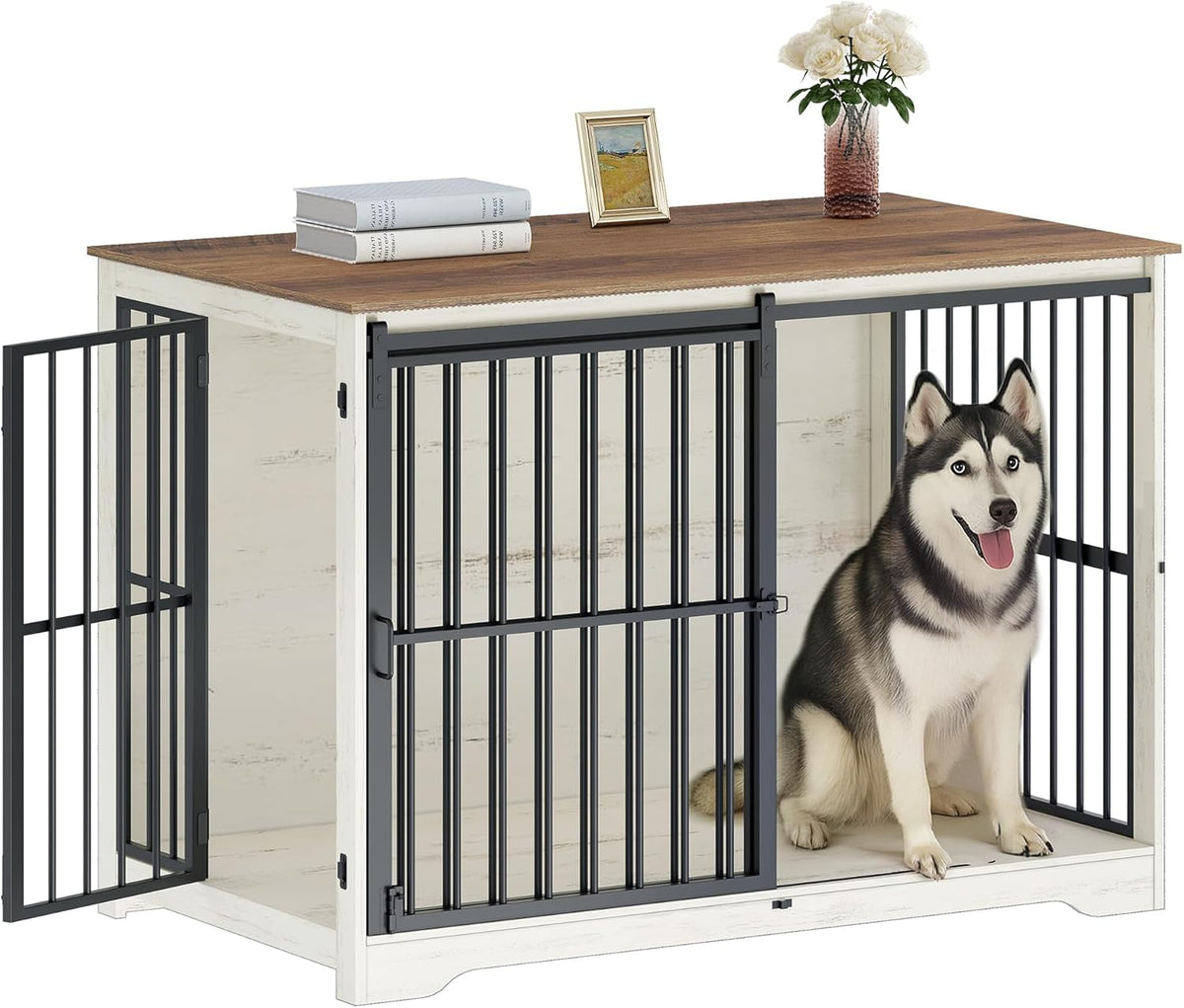 XXL Large Dog Crate Furniture, 46.9" Indoor Dog Kennel Furniture with Barn Door, Wooden Tall Dog Crate, Heavy Duty Dog Cage for Large Dogs, Side End Table, Anti-Chew, White Brown DFC83814B