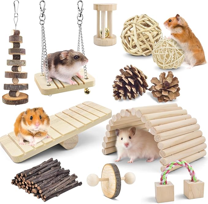 ERKOON New 12 Pack Hamster Chew Toys Gerbil Rat Guinea Pig Chinchilla Chew Toys Accessories, Natural Wooden Dumbbells Exercise Bell Roller Teeth Care Molar Toy for Rabbits Bird Rabbits Hamster Gerbil