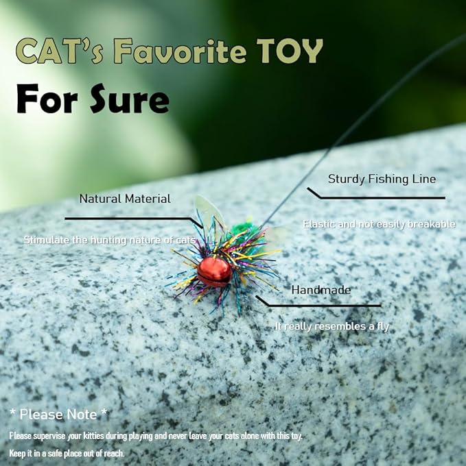 Cat Feather Toys - 2 Pcs Handmade Simulation Flies – Durable Cat Toy Wand Refills - Interactive Kitten Teaser Wand Attachments - Cat Toys Replacement for Cat Kitten Wand