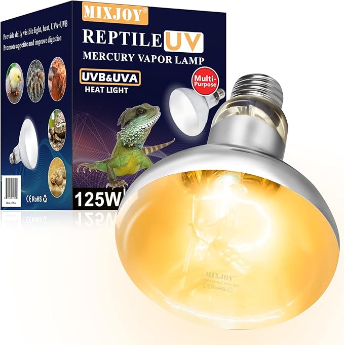 MIXJOY 125W Reptile Heat Lamp Bulb, High Intensity Self-Ballasted UVA UVB Light Bulb, Full Spectrum Sun Light for Reptile and Amphibian Use