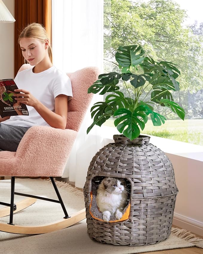 Cat Litter Box Plant Enclosure, Hidden Handwoven Rattan with Cat Litter Box Furniture and Artificial Plants, Odor Control Filter, Real Stones in Living Room, Bedroom, Corner (Gray)