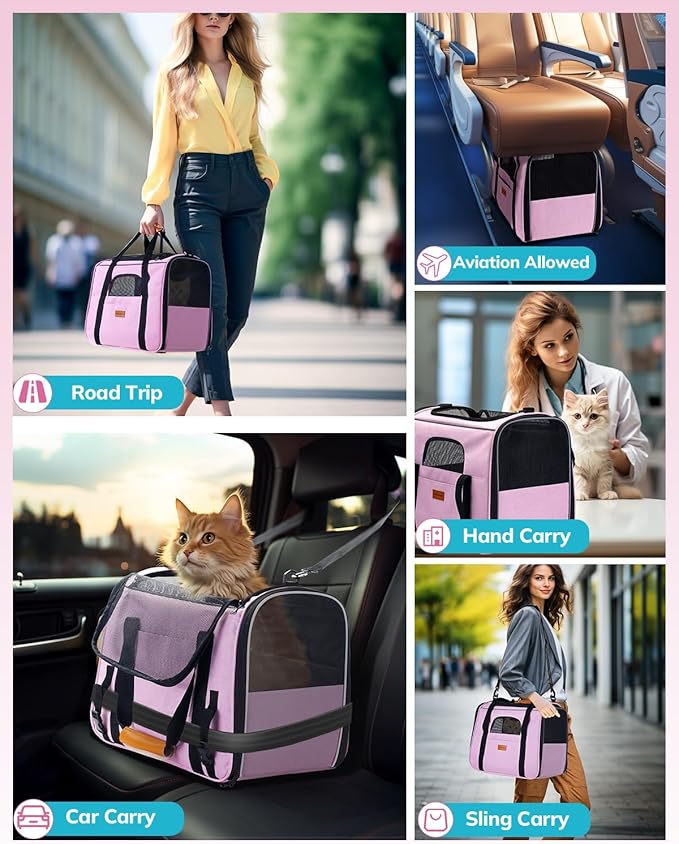 Morpilot Portable Cat Carrier - Soft Sided Cat Carrier for Medium Cats and Puppy up to 15lbs, Pet Carrier with Locking Safety Zippers, Foldable Bowl, Airline Approved Travel Dog Carrier - Pink
