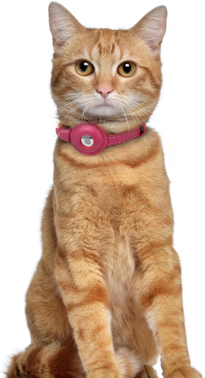 OOPSDOGGY Leather AirTag Cat Collar with Bell - Non Breakaway Kitten Collar with Apple Air Tag Holder - Lightweight GPS Pet Collars for Girl Boy Cats, Small Dogs, Puppies (Pink)