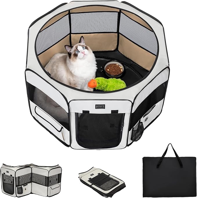 PETSFIT 29" Puppy Playpen with Removable Waterproof Mat & Zippered Roof | RV, Camping, Travel Dog Pen | Indoor/Outdoor Whelping & Cat Observation Space(29.5"x29.5"x16.5"H)