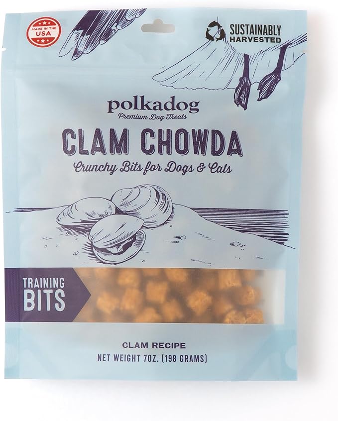 Polkadog Clam Chowda Crunchy Training Bits – All Natural, Limited Ingredient Healthy Training Treats for Dogs. Handcrafted & Made in USA. Made with Atlantic Quahogs, High in Omega-3 – 7oz