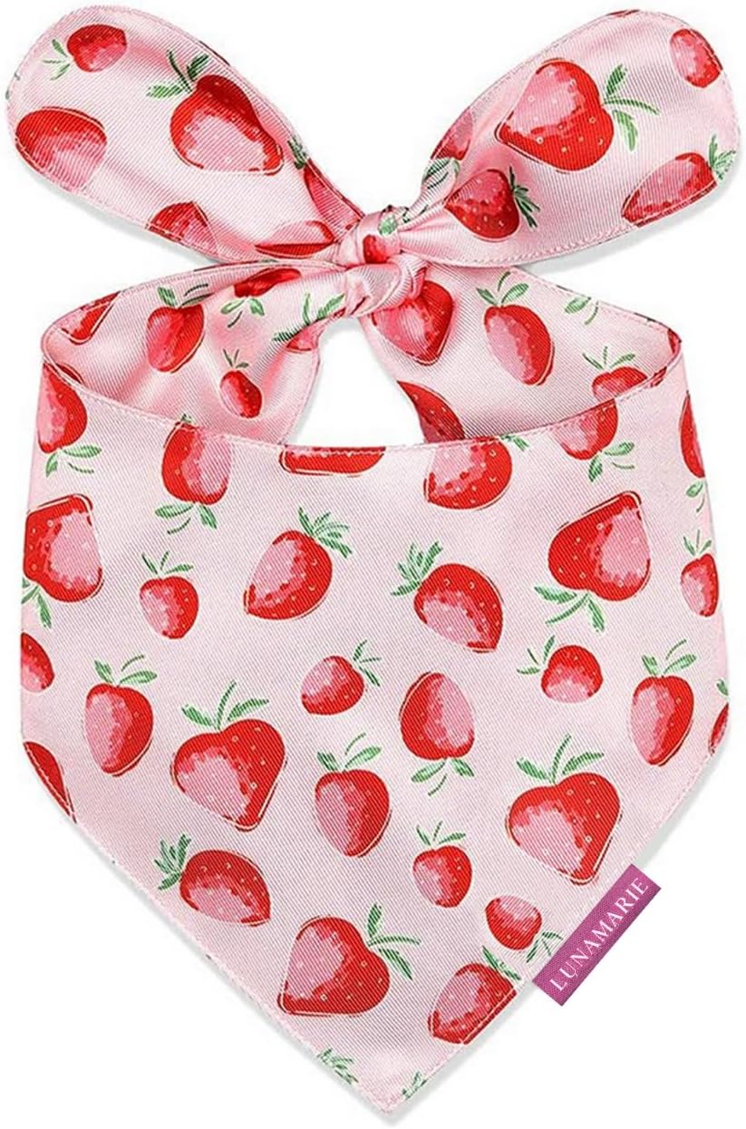 LunaMarie - Luxury Dog Bandanas - Cute Unique Designs | Premium & Silky Poly Fabric | 100% Handmade Custom Shape Dual Layered Small, Medium, Large Cat Scarf (Strawberry, Large)