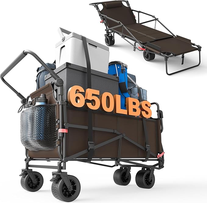 LEVELEVE Heavy Duty Folding Wagon - 2-in-1 Collapsible Cart, 650lb Capacity, All-Terrain Wheels w/Brakes & Side Pockets (Brown)