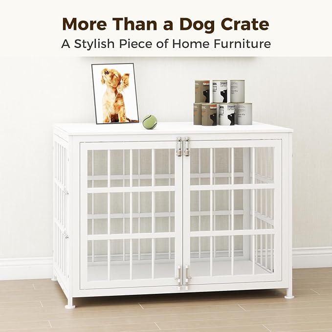 32 Inch Heavy Duty Wooden Dog Kennel End Table with Double Door Design and Secure Locks, Indoor Pet Crate Furniture for Medium Dogs, Decorative Home Cage Design,White