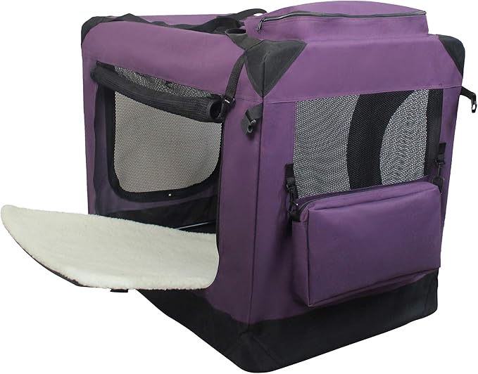 EliteField 3-Door Folding Soft Dog Crate with Carrying Bag and Fleece Bed (2 Year Warranty), Indoor & Outdoor Pet Home (20" L x 14" W x 14" H, Purple)