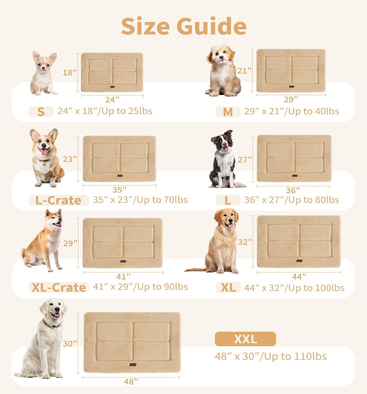 Made4Pets Dog Crate Pad Bed for Medium Large Dogs, Washable & Reversible, Anti-Slip Kennel Mat for Cozy Sleeping, Soft Fluffy Dog Bed for Indoor & Outdoor Use, 35"x23", Khaki