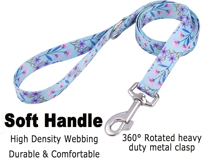 Dog Collar and Leash Set with Bohemia Floral Tribal Geometric Patterns - Soft Ethnic Style Collar Adjustable for Small Medium Large Dogs(Pink + Purple Floral Set,S)