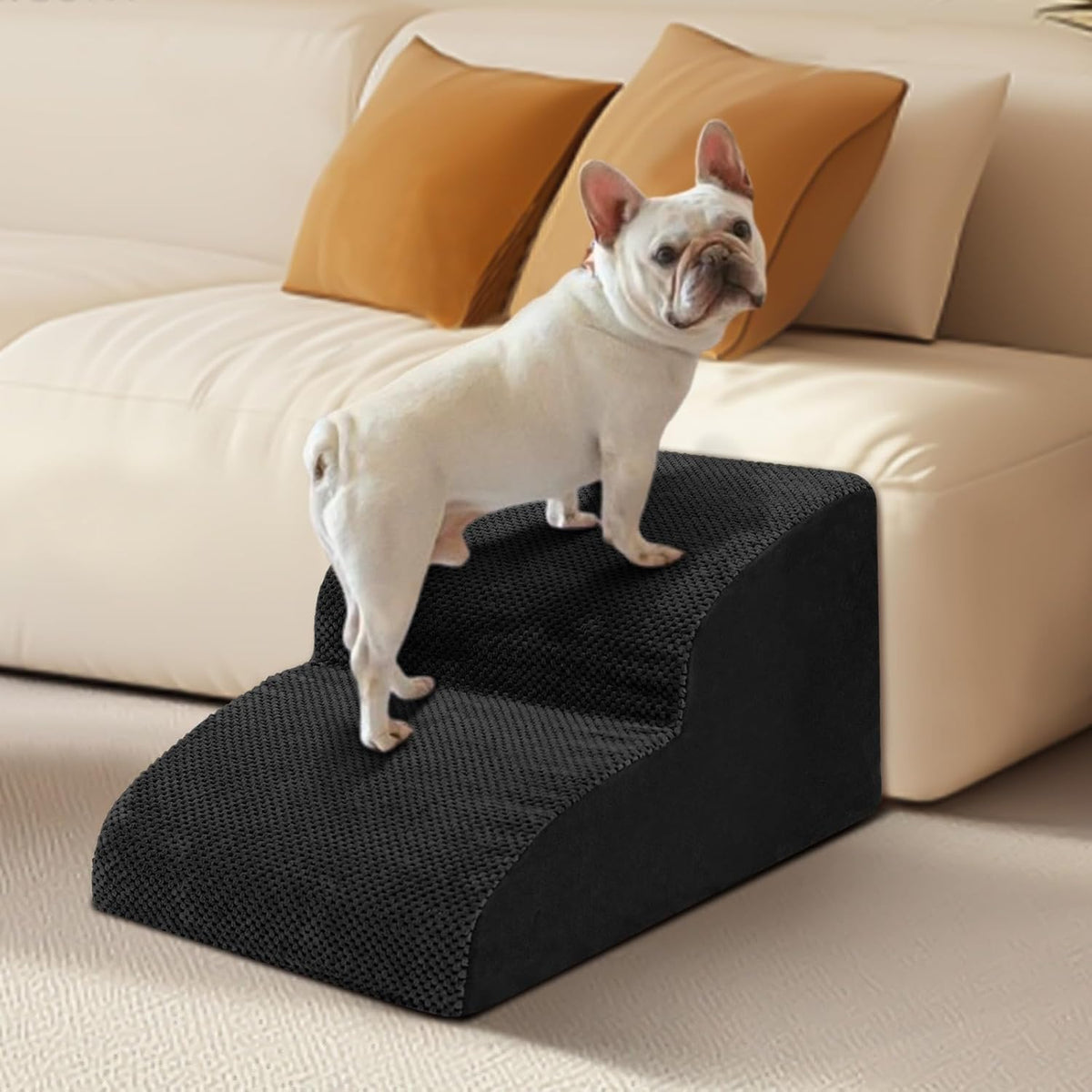 Dog Stairs for Small Dogs - High Density Foam Pet Steps, Extra Wide Dog Ramp with Non-Slip Bottom for High Beds, Couch and Sofa, Best for Dogs Injured, Older Doggy Cats,2 Steps, Black
