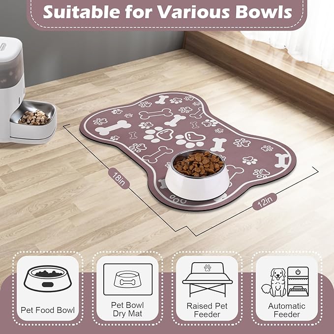 Dog Cat Mat for Food and Water,Rapid Absorbent Pet Feeding Mat, Bone Shaped Dog Placemat Bowl Mat with Rubber Backing,No Stains Pet Food Mats Indoor, Pet Accessories Supplies,Brown 12"×18"