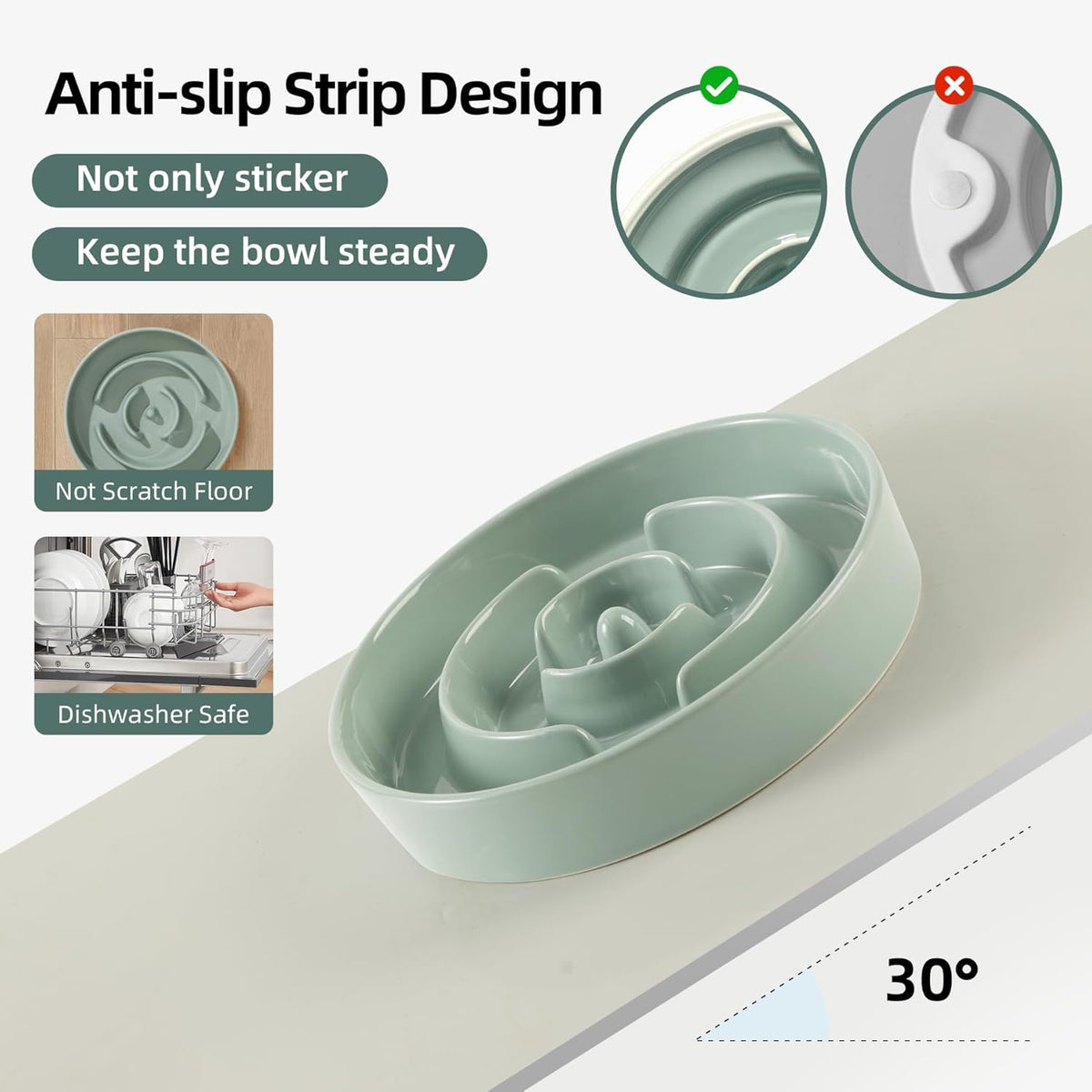 8.2inch Ceramic Slow Feeder Dog Bowl for Medium and Large Breed, Puzzle Dog Food Dish, Anti-Gulping, Pet Slow Feeder, Stop Bloat, Preventing Choking (Single Bowl-Light Green)