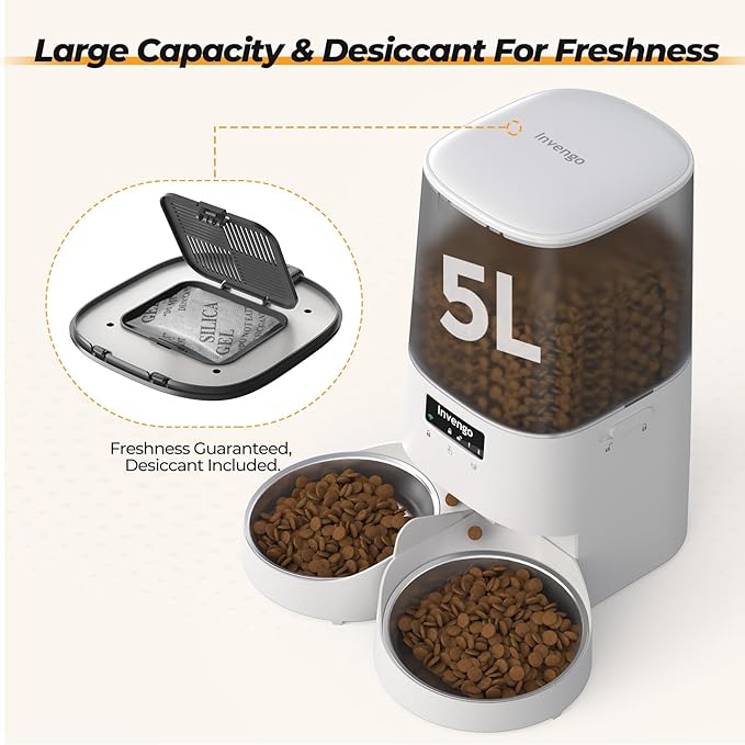 Automatic Cat Feeder with App Control, 5L Food Dispenser for 2 Cats, 2.4/5G WiFi, Dual Power, Programmable Portions, Anti-Jam & Fresh-Lock, Stainless Steel Bowls, Easy to Clean