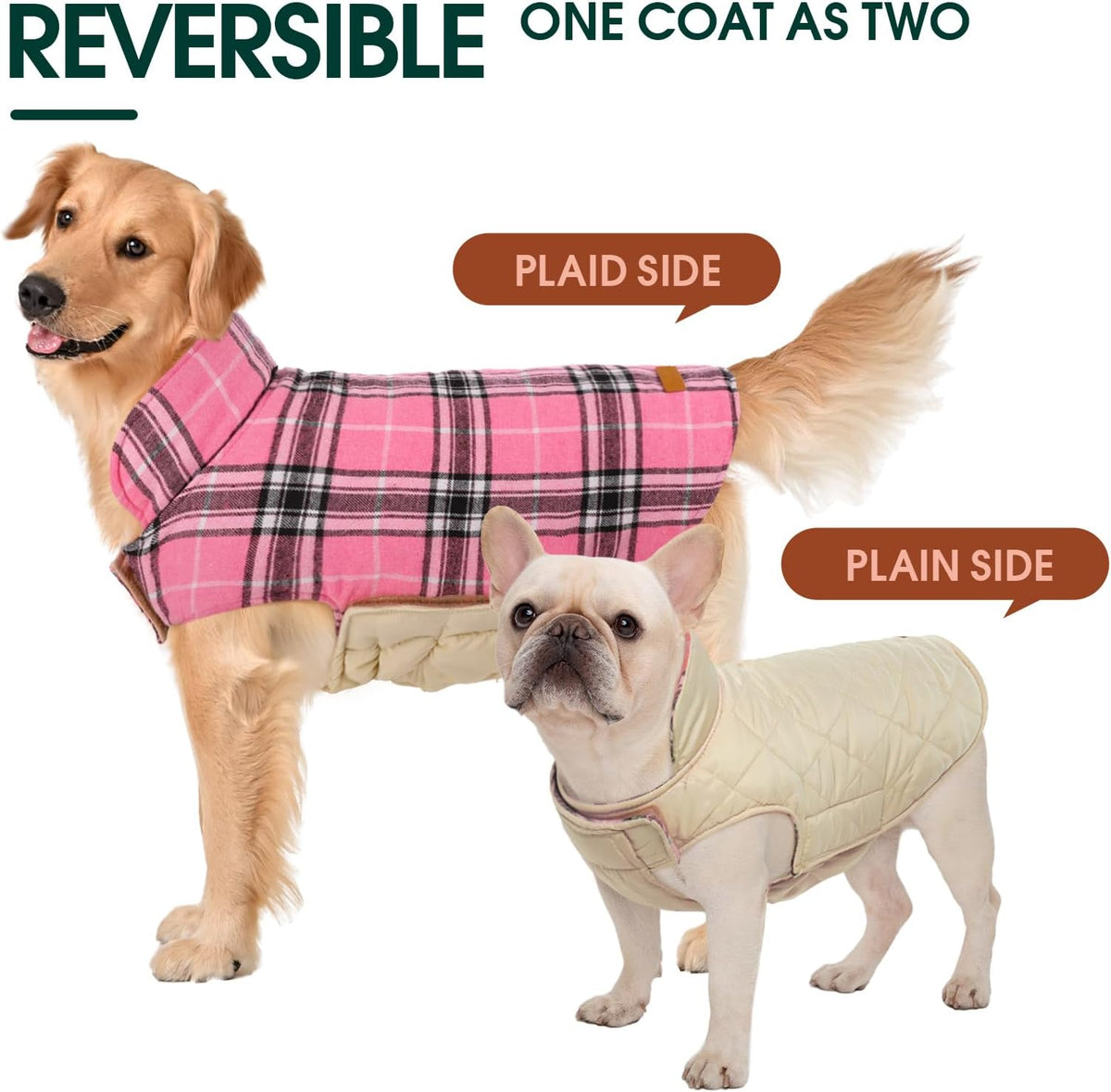 Kuoser Waterproof Dog Coat, Reversible Dog Jacket for Small Dogs, Adjustable Durable Doggie Winter Coat Warm Cozy Puppy Cold Weather Apparel from Small to Large Breed, Pink S