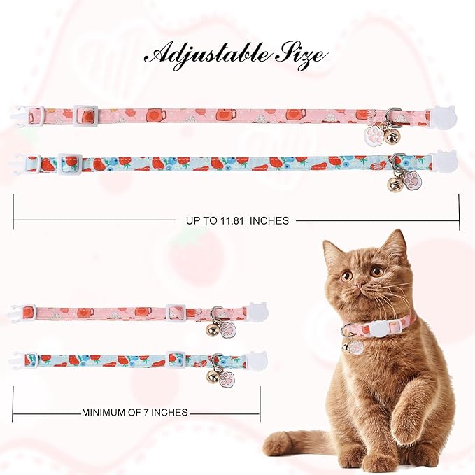 Unique Style Paws Kitten Collar,Cute Cat Collar with Bell,Kitten Collar Breakaway Buckle with Strawberry,Pumpkin Pattern,Adjustable Halloween Cat Collar,Ideal Gift for Boy Girl Cats