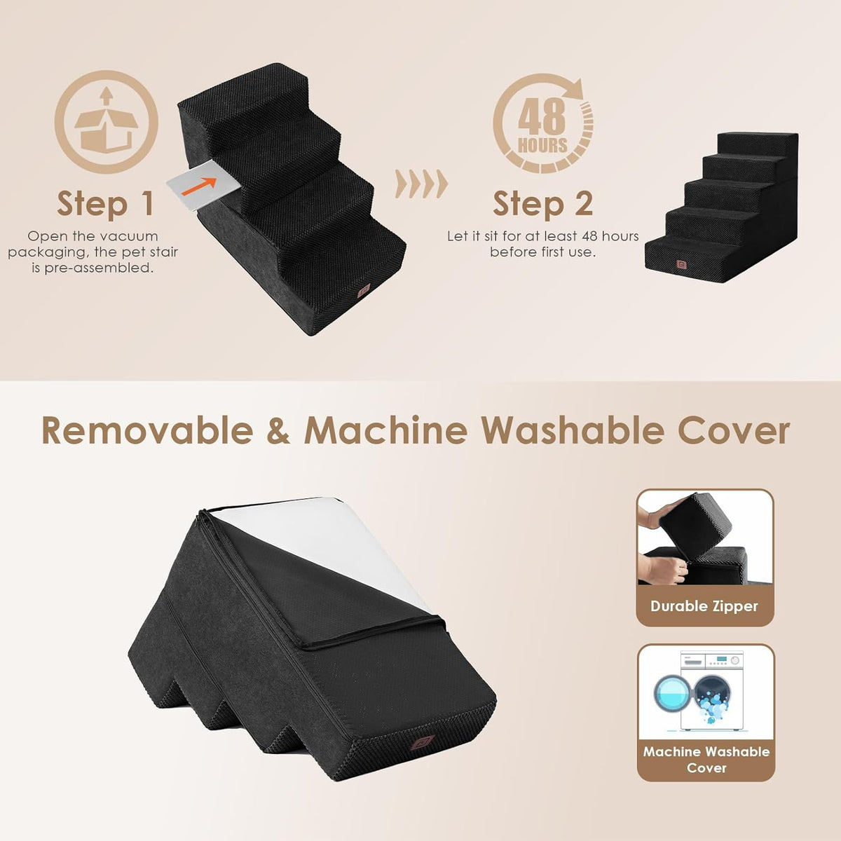 EHEYCIGA Dog Stairs for High Bed 22.5" H, 5-Step Dog Steps for Bed, Pet Steps for Small Dogs and Cats, Non-Slip Balanced Pet Ramp Indoor, Black