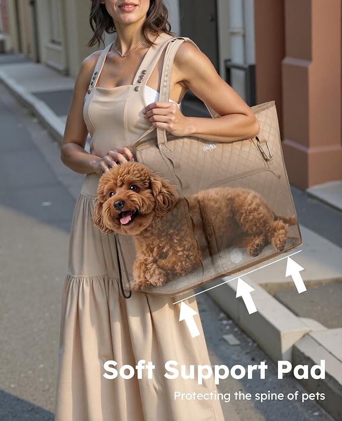 Pecute Dog Purse Carrier, Dog Carrier with Pockets for Small Dogs, Fits Dogs 7 lbs to 13 lbs, Cat and Puppies Tote Bag, Outing, Travel, Vet, XL,16.9" L x 7.9" W x 13.8" H, Khaki