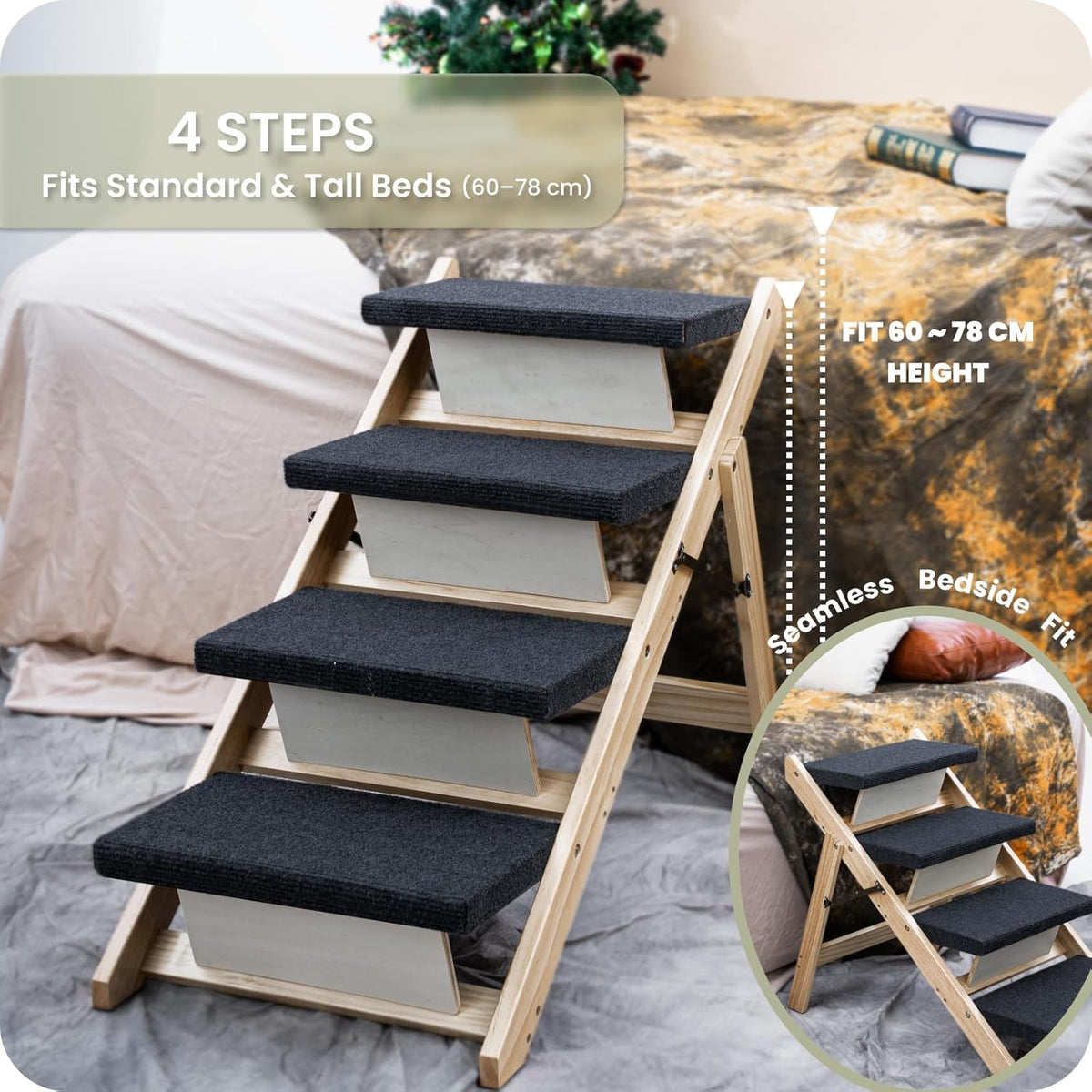 MEWANG Wood Pet Stairs & Ramp for Small/Medium Dogs and Cats, Aging Pets – 3-in-1 Foldable, Portable, Non-Slip Pet Ladder for Tall Beds, Couches,Cars–Holds Up to 220 lbs (31.5" L x 17.2" W x 25.0" H)
