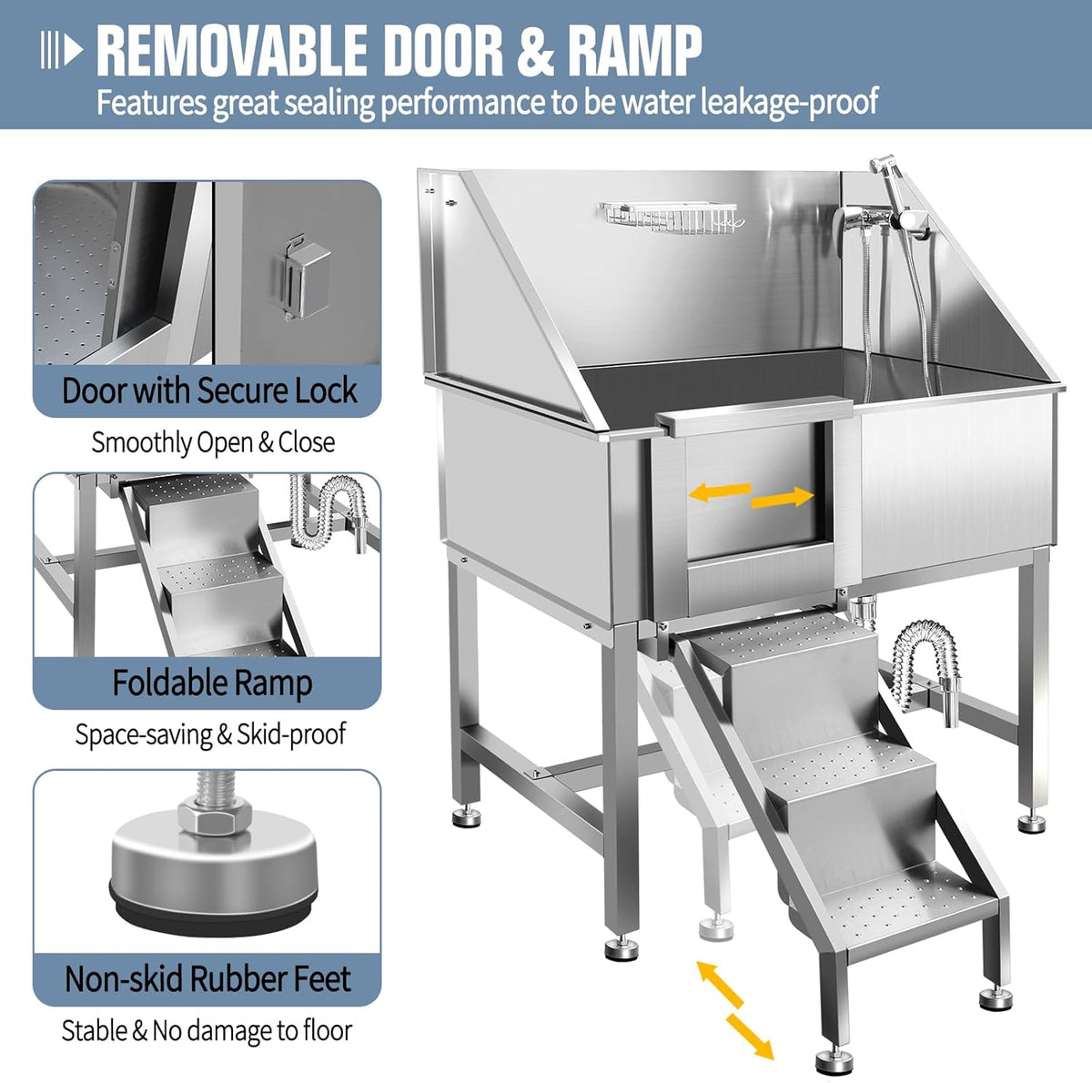 38" Pet Dog Bathing Station W/Ramp, Professional Stainless Steel Dog Grooming Tub W/Floor Grate, Faucet, Dog Bathtub for Large,Medium, Small Pets, Washing Sink for Home,L-RAMP