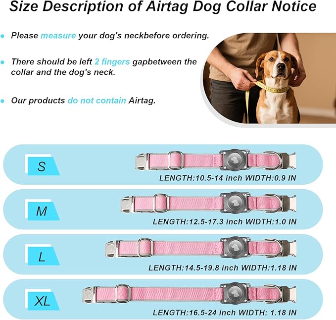 Waterproof Airtag Dog Collar - Nylon Collar with Durable Airtag Holder, Reflective&Anti-Lost with Safety Metal Buckle, Soft Padded Adjustable for Small Medium Large Dogs Pink S