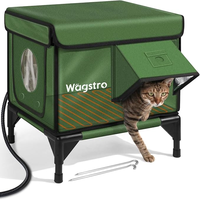 Heated Cat House for Outside, Insulated Weatherproof Heated Outdoor Cat House with Waterproof Eaves & Escape Door, Elevated Outdoor Cat Shelter for Feral Stray Cat (Green, 16.5"x12.6"x16.9")