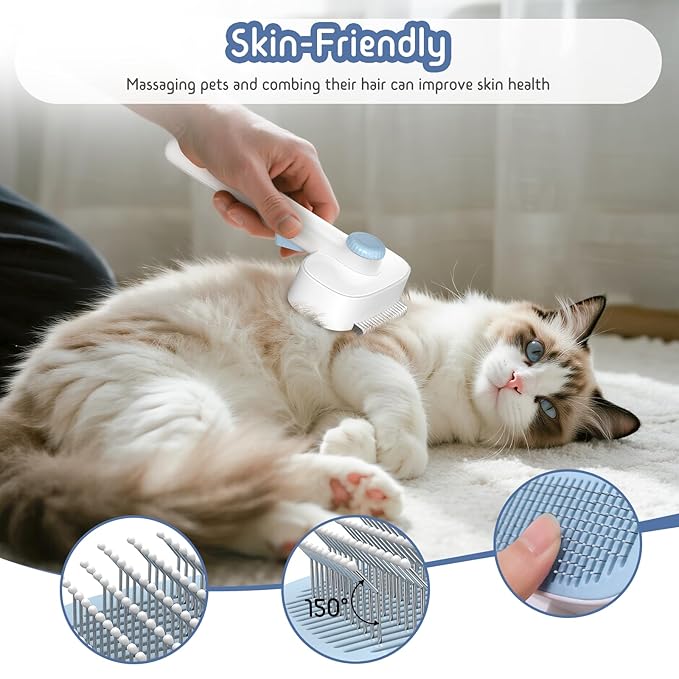 Self Cleaning Slicker Brush, 2-in-1 Cat Brush for Shedding, Skin Friendly Grooming Tool for Long & Medium-Long Hair Pets, Adjustable Bristle Length with Dematting Comb for Cats, Dogs (Blue)