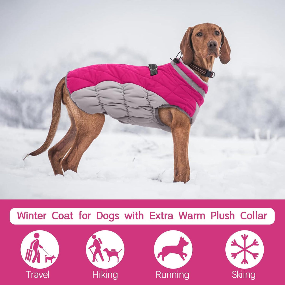 FUAMEY Dog Coat for Large Dogs,Waterproof Dog Winter Jacket with Harness Built in Puppy Cold Weather Coats Reflective Pet Vest with Zipper Warm Fleece Dogs Snowsuit Windproof Pink XXL
