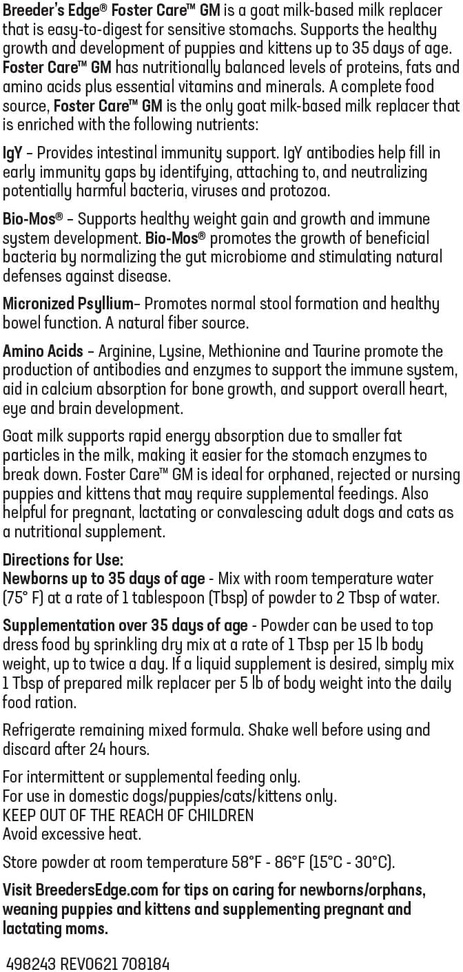 Breeder's Edge Foster Care GM - Goat Milk Based Powdered Milk Replacer - Puppies , Kittens , Cats & Dogs Formula - Easy Digestion - 5 lb