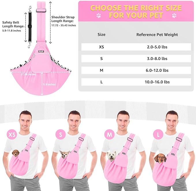 Lukovee Pet Sling, Hand Free Dog Sling Carrier Adjustable Padded Strap Tote Bag, Shoulder Bag with Safety Belt & Front Pocket for Small Dog Cat Puppy (Pink-WY,M)