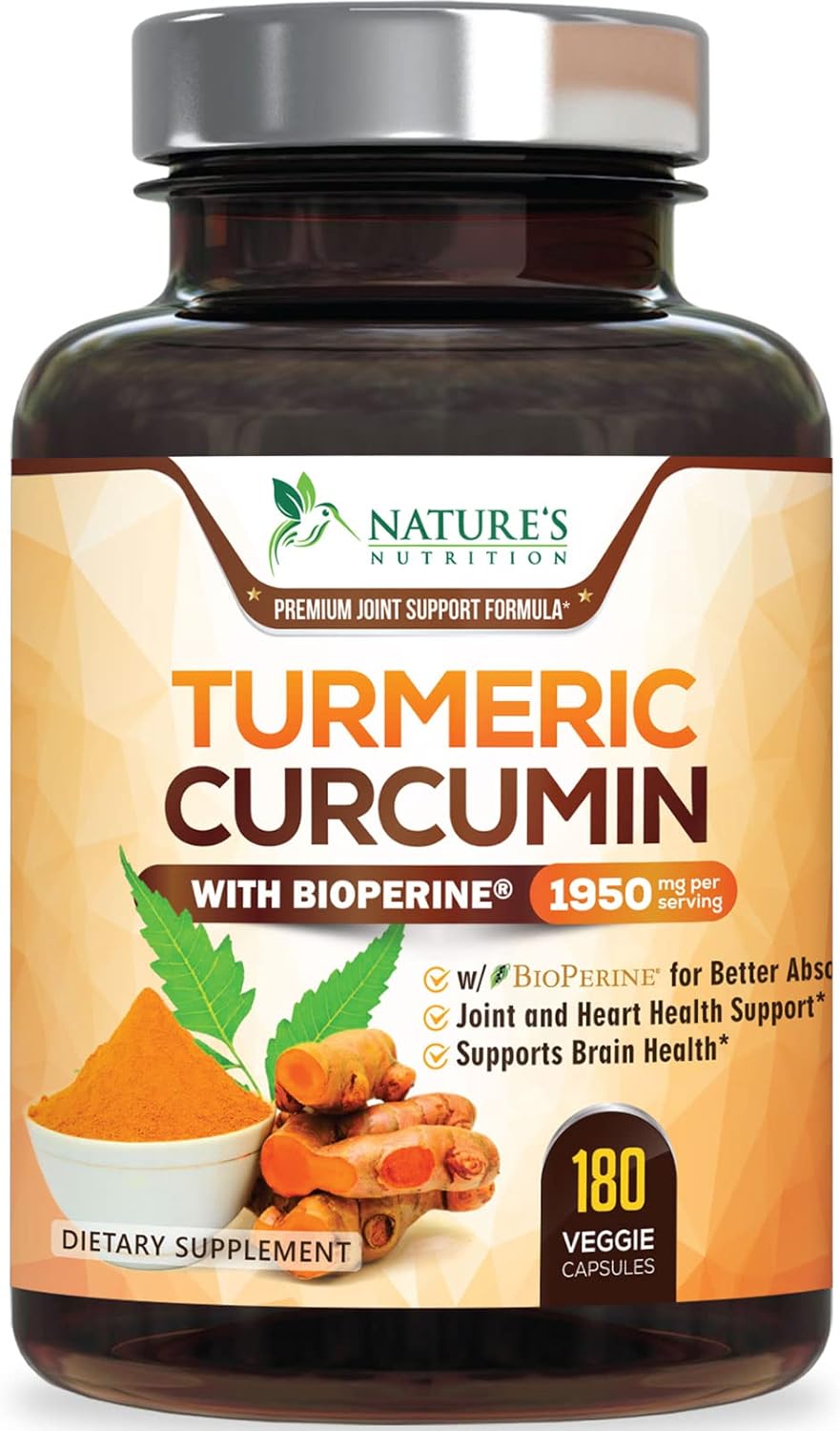 Turmeric Curcumin Supplement 1950mg - 95% Curcuminoids with Organic Turmeric & BioPerine Black Pepper Extract for Best Absorption, Nature's Vegan Joint Support, Non-GMO, Bottled in USA - 180 Capsules