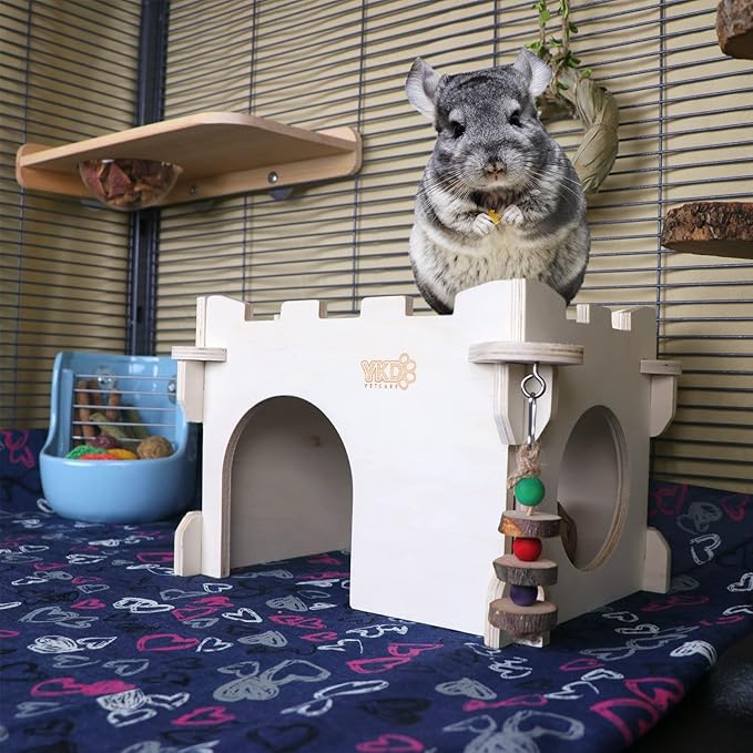 YKD Castle Chinchilla House, Small Animal Hideout for Chinchilla, Guinea Pig, Hedgehog, or Rat, Ventilated Wooden Guinea Pig Hut Habitat with Multiple Doors (Medium)