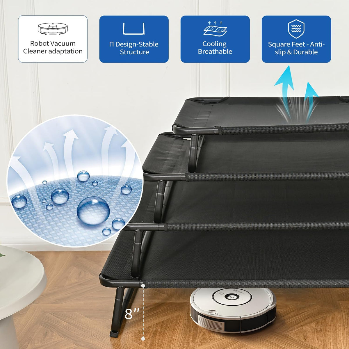 Elevated Dog Beds, Extra Large Raised Dog Cots Outdoor Cooling Dog Bed Waterproof Stable and Easy Assembly, Teslin Fabric with 1.2mm Thick Iron Frame, Breathable, Ultra-Sturdy，Black, 54*37*8.7